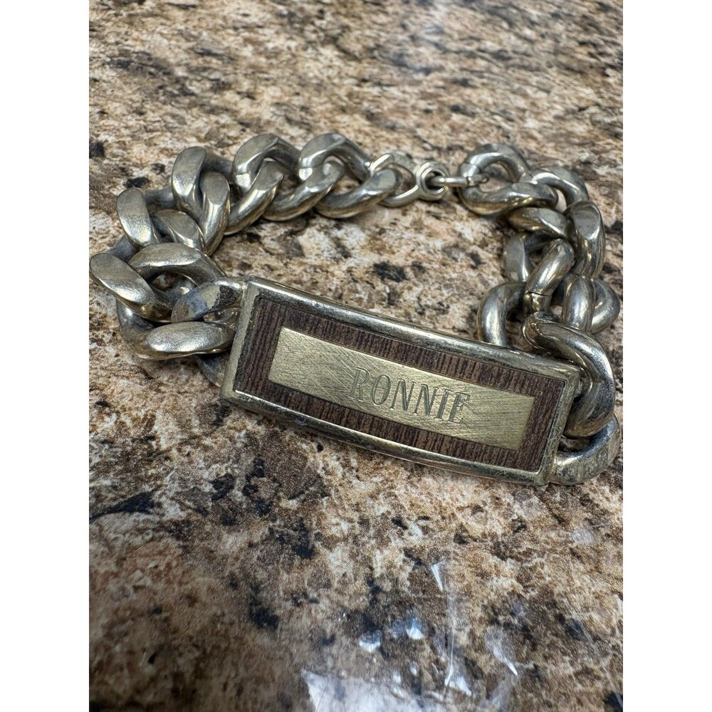 Vintage Speidel USA Ronnie ID Bracelet Gold Tone Wood Inlay 7” Chain Nameplate
